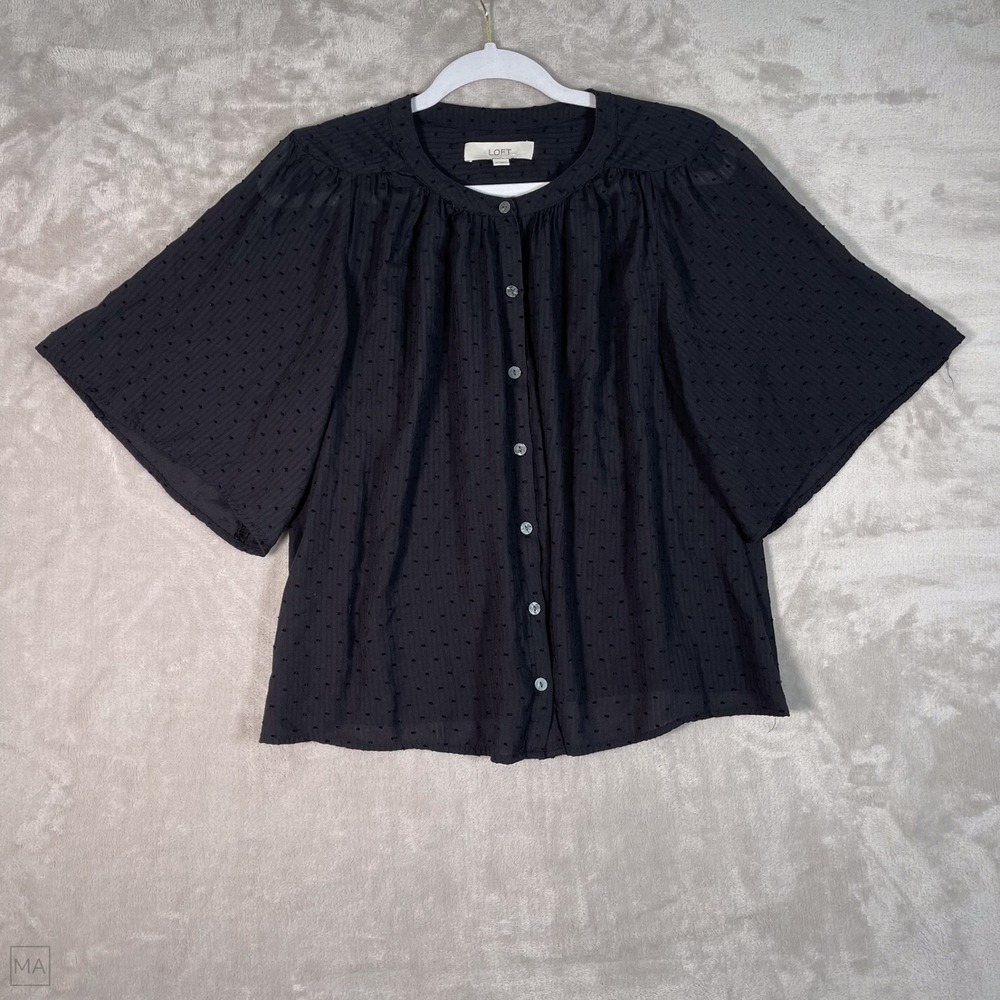 Loft Women's Blouse Sheer Flowy Lightweight Flare Sleeve Minimalist M Black